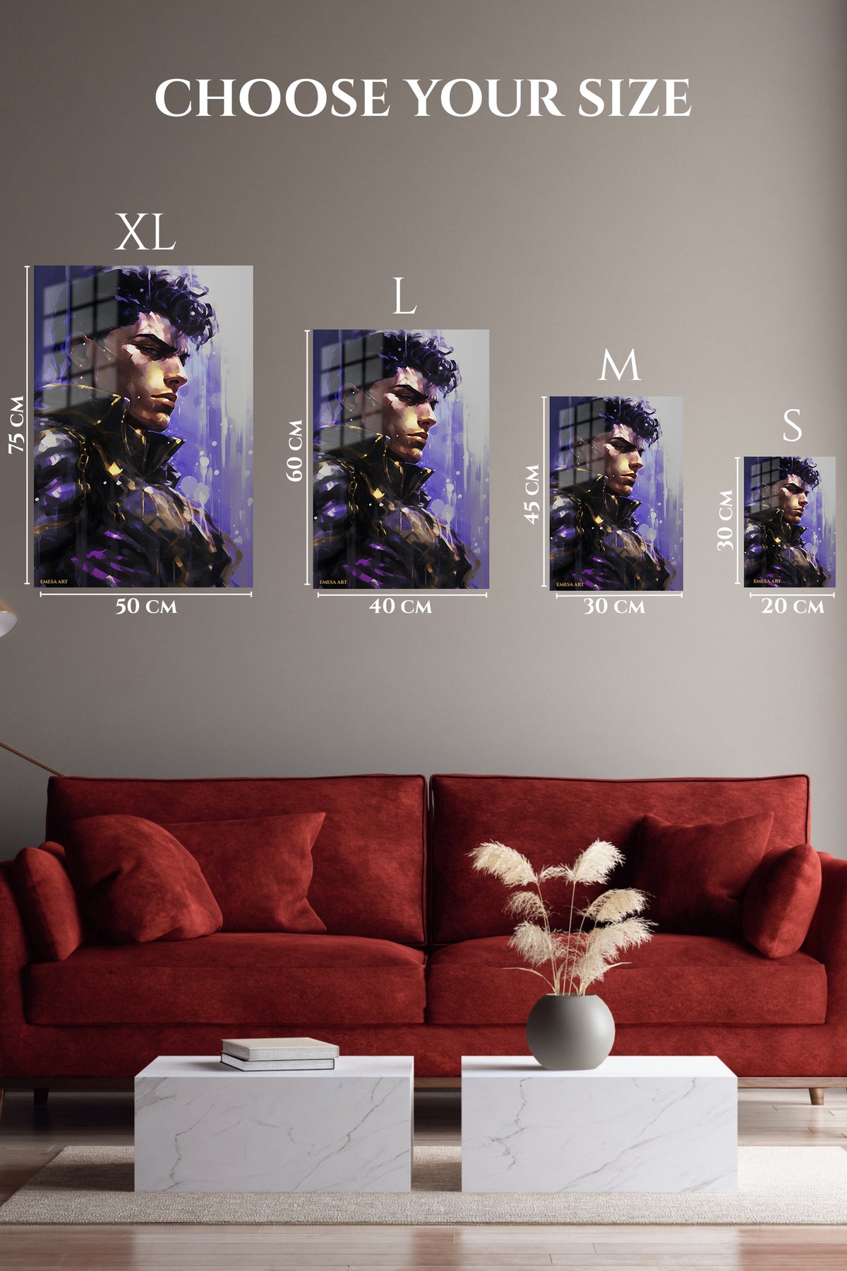 EMESA metal wall art size comparison guide for Violet Futuristic Warrior
