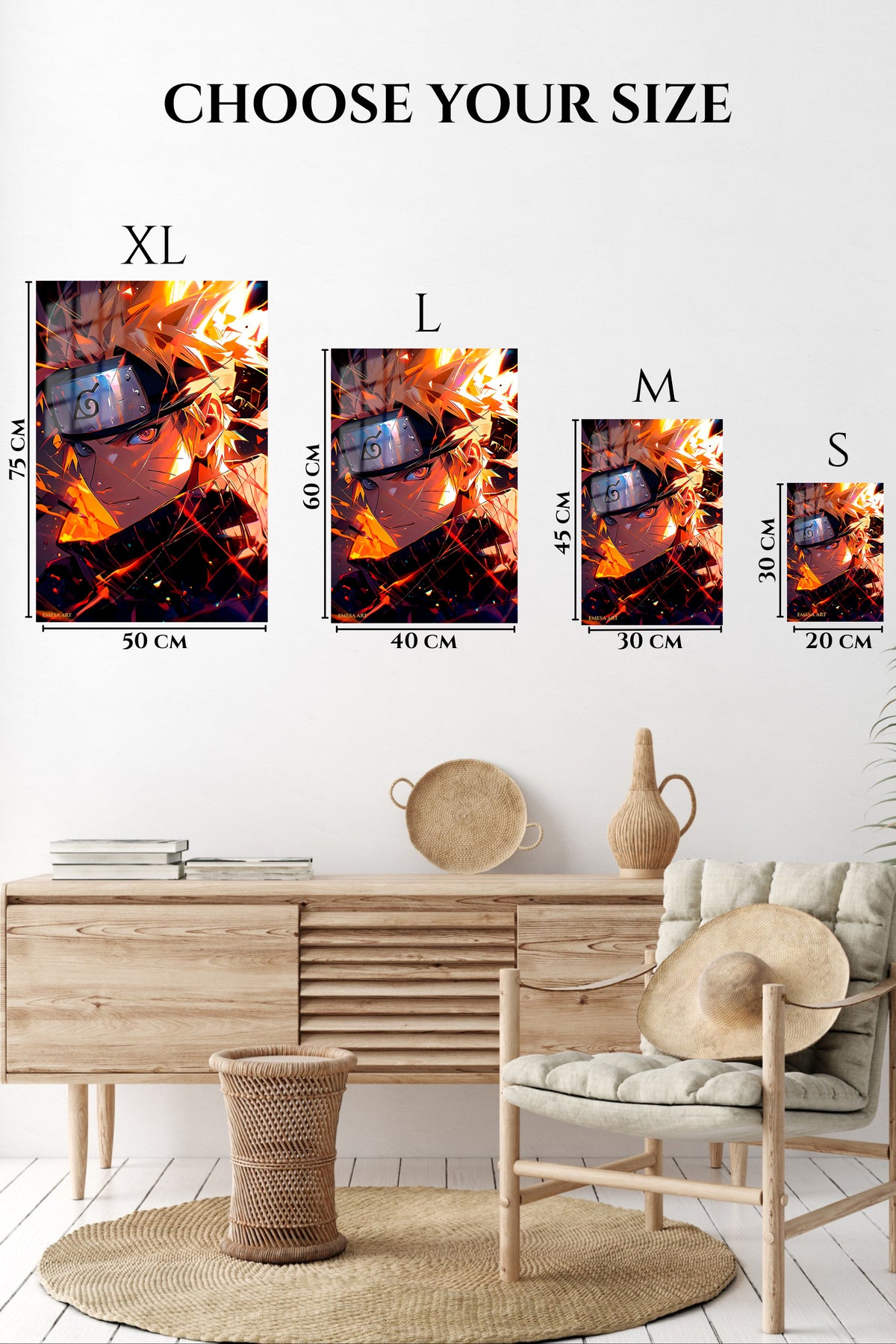 EMESA metal wall art size comparison guide for Blazing Ninja Close-Up