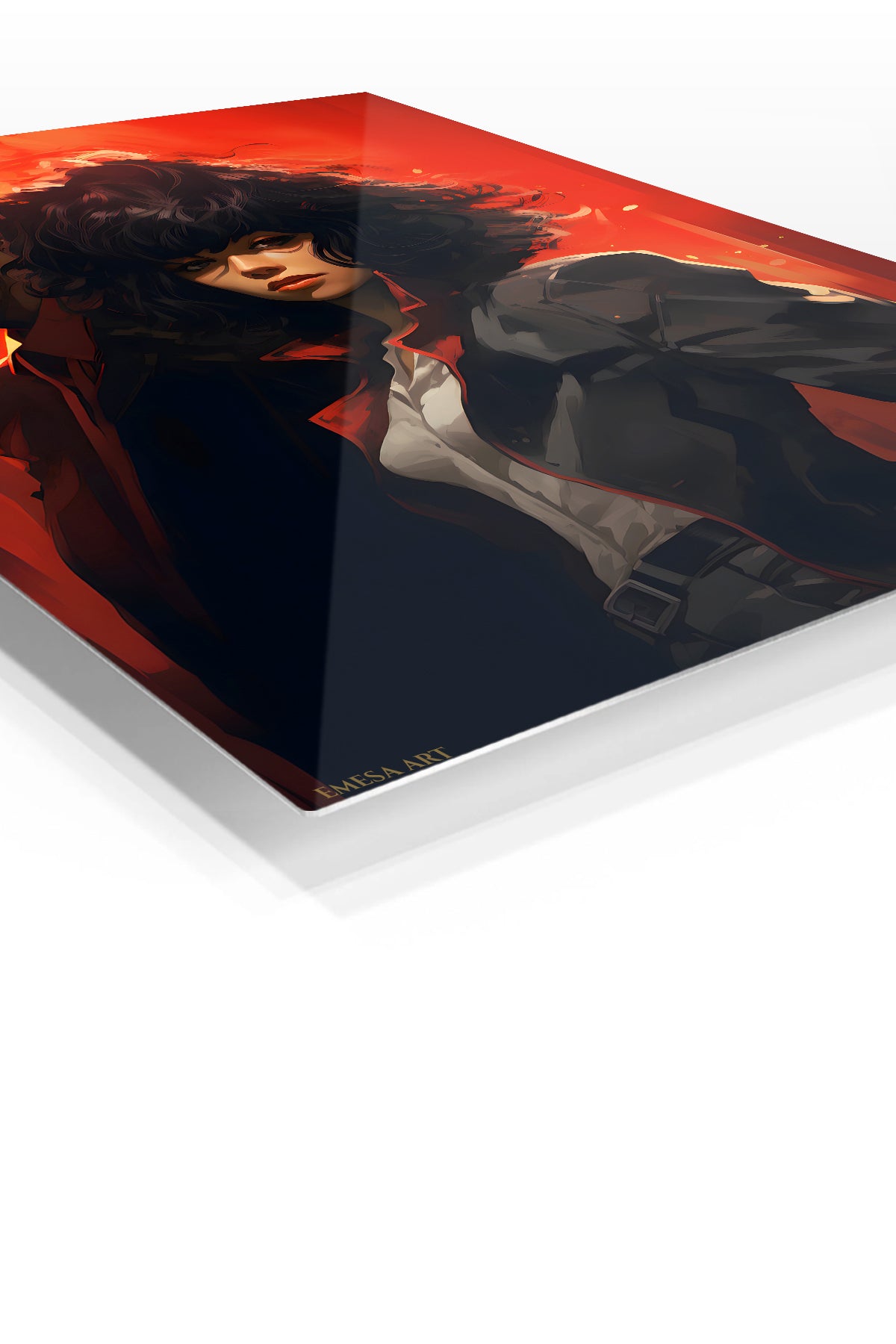 Red Noir Heroine Portrait premium metal wall art – angled view