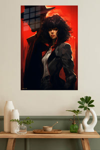 Red Noir Heroine Portrait metal wall art displayed in a modern interior