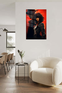 Red Noir Heroine Portrait metal wall art displayed in a contemporary living space