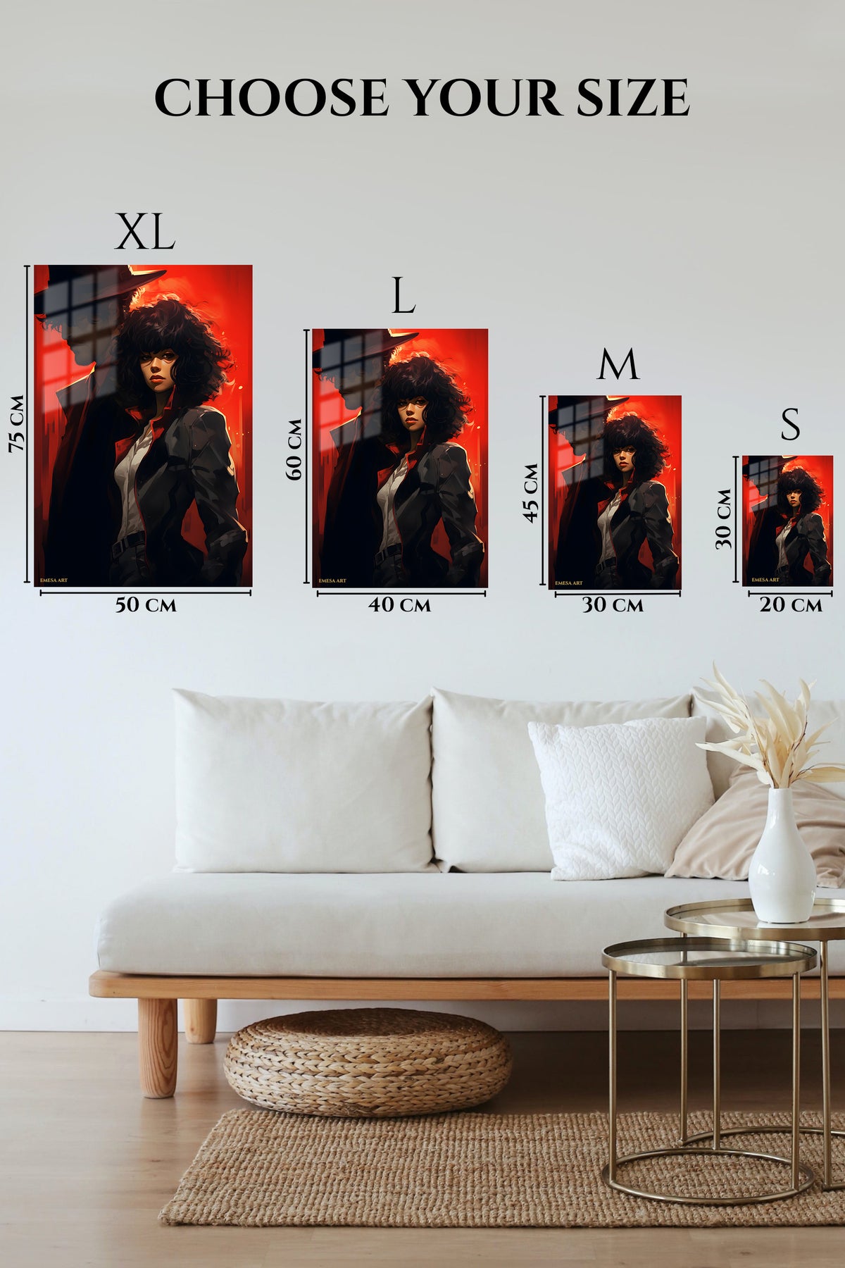EMESA metal wall art size comparison guide for Red Noir Heroine Portrait