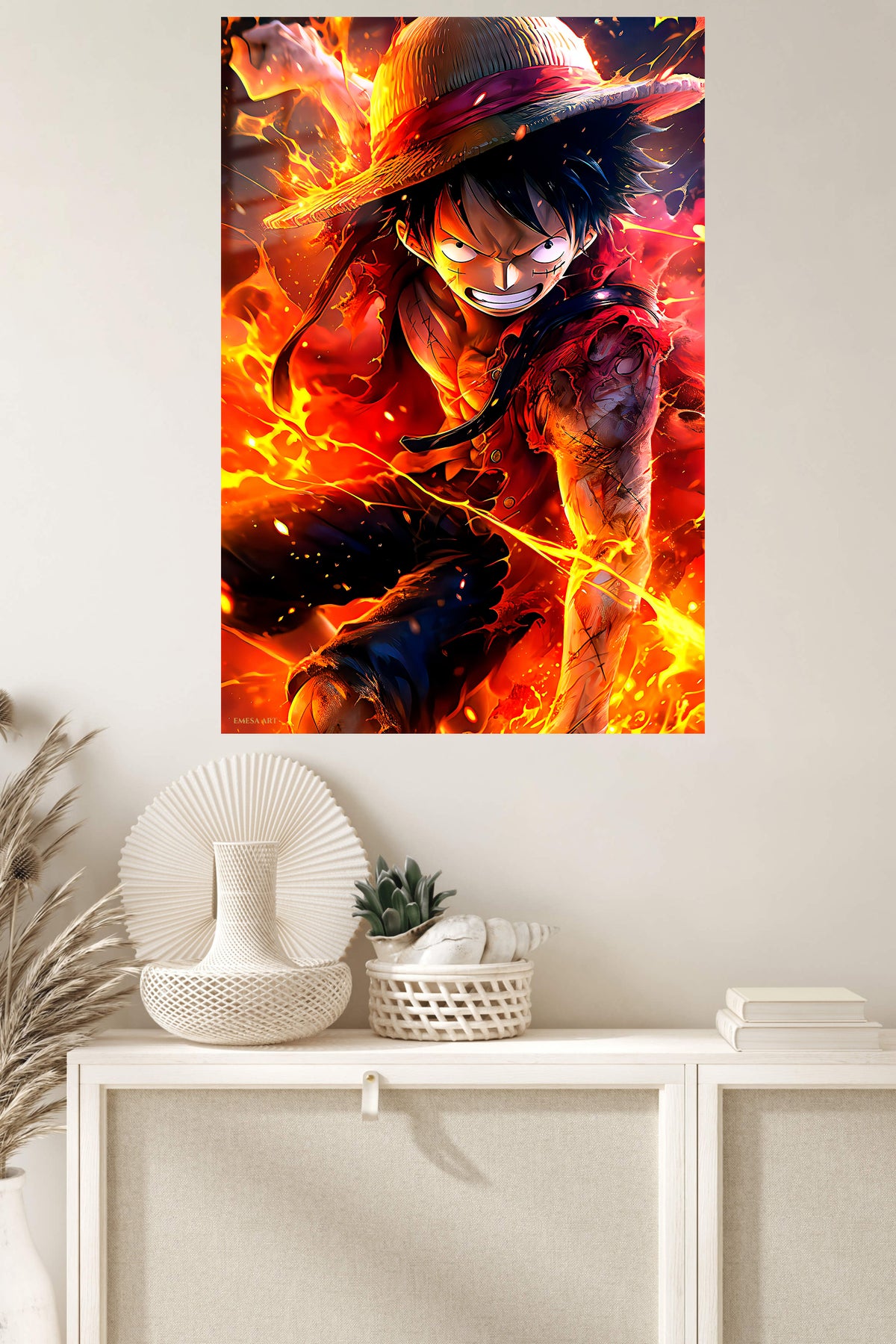 Fiery Straw Hat Adventurer metal wall art displayed in a modern interior