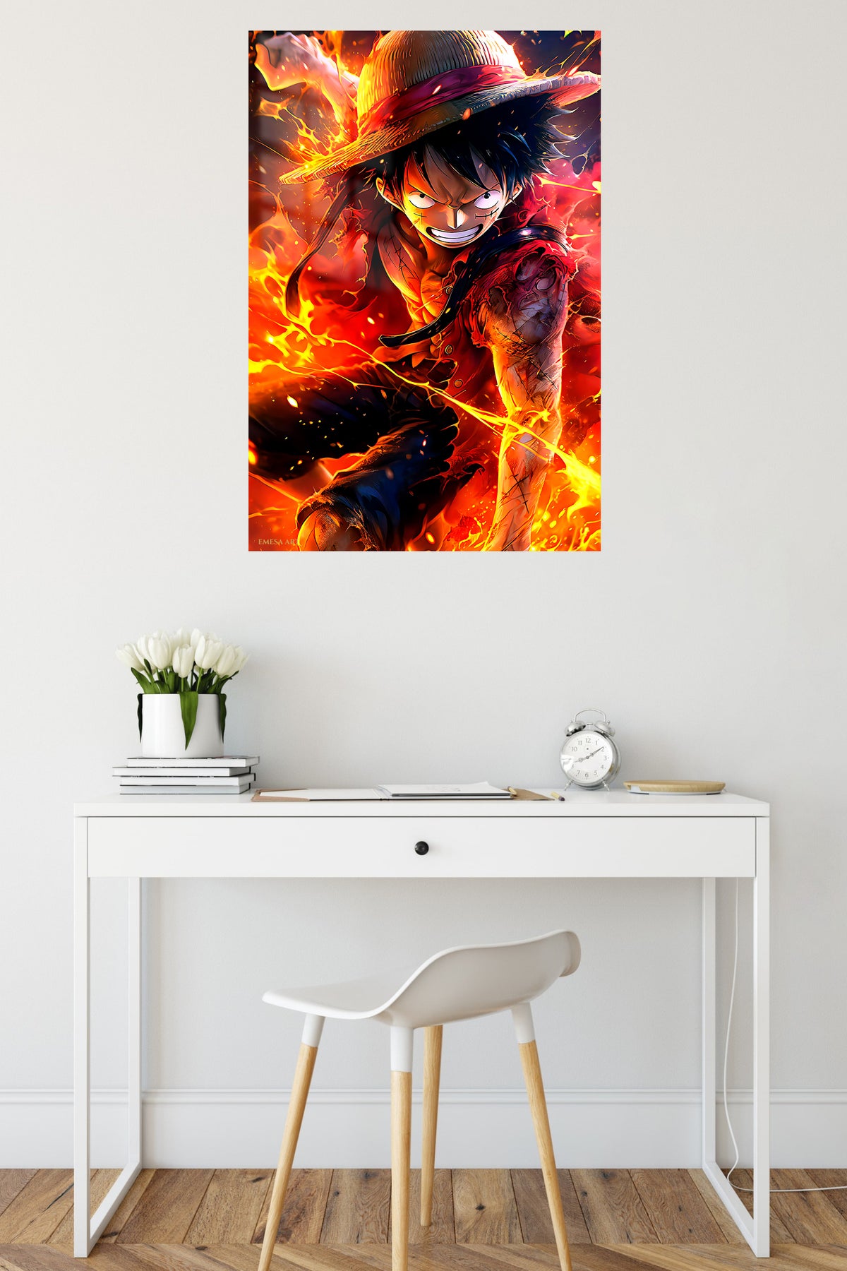 Fiery Straw Hat Adventurer metal wall art displayed in a contemporary living space