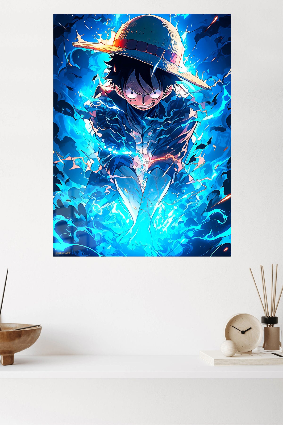 Blue Energy Straw Hat Hero metal wall art displayed in a modern interior