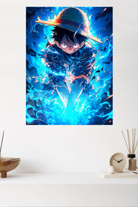 Blue Energy Straw Hat Hero metal wall art displayed in a modern interior