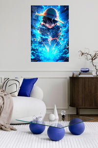 Blue Energy Straw Hat Hero metal wall art displayed in a contemporary living space
