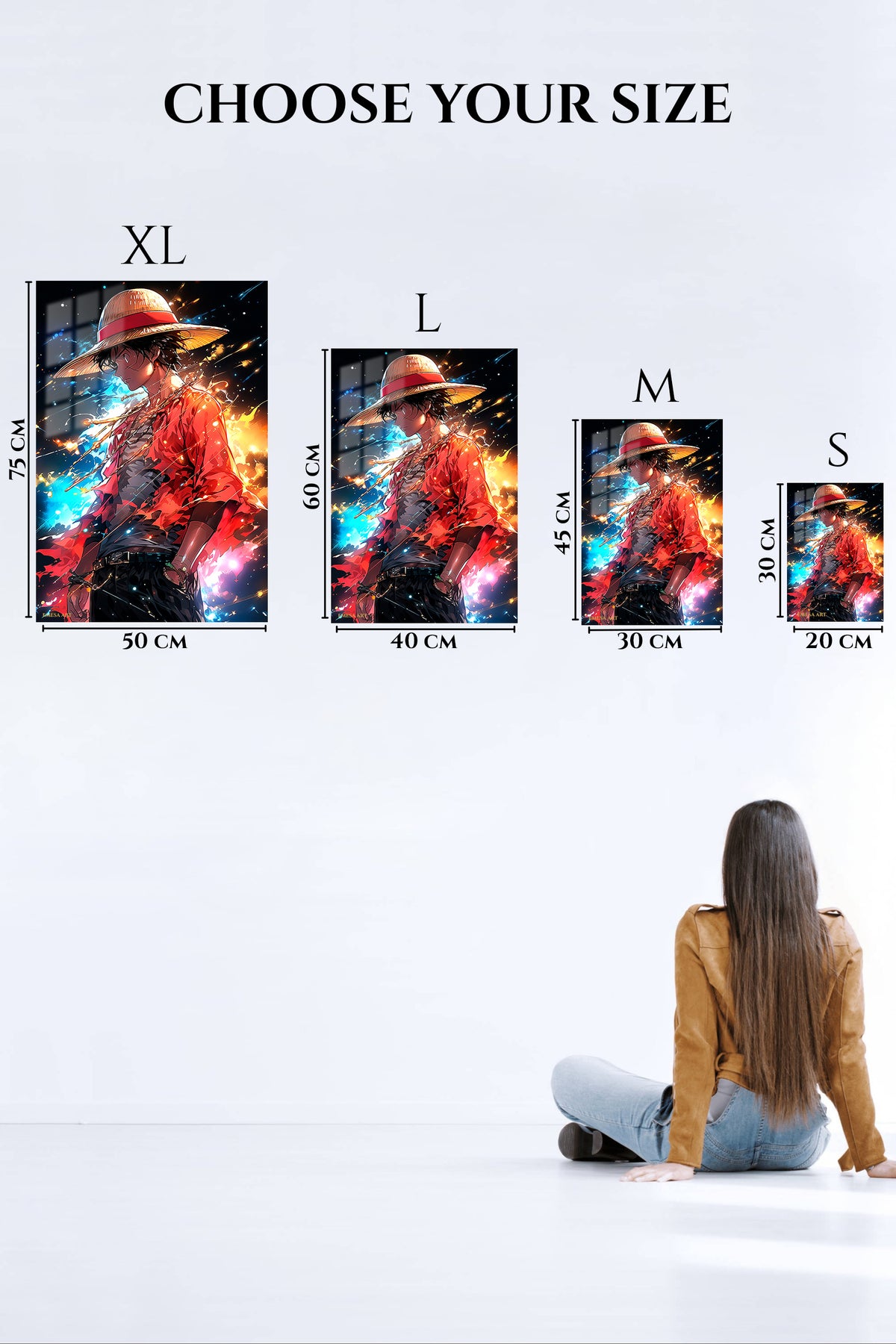 EMESA metal wall art size comparison guide for Cosmic Straw Hat Adventurer