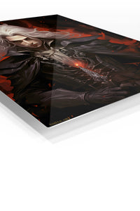 Crimson Gothic Swordsman premium metal wall art – angled view