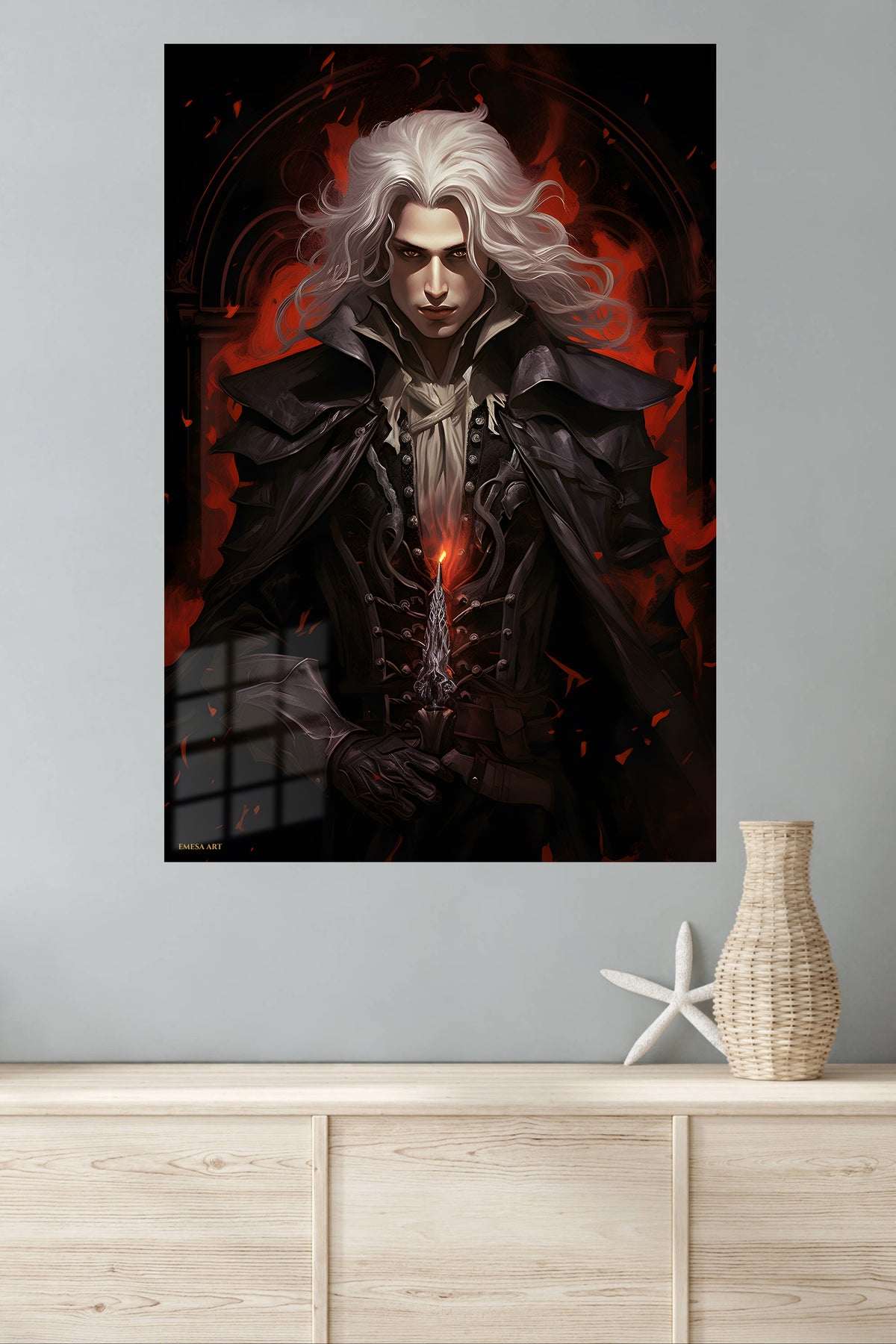 Crimson Gothic Swordsman metal wall art displayed in a modern interior