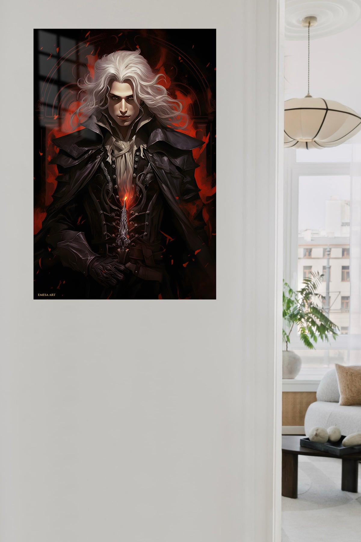 Crimson Gothic Swordsman metal wall art displayed in a contemporary living space