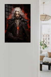 Crimson Gothic Swordsman metal wall art displayed in a contemporary living space