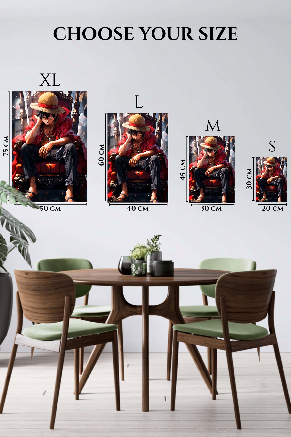 EMESA metal wall art size comparison guide for Straw Hat Throne Hero