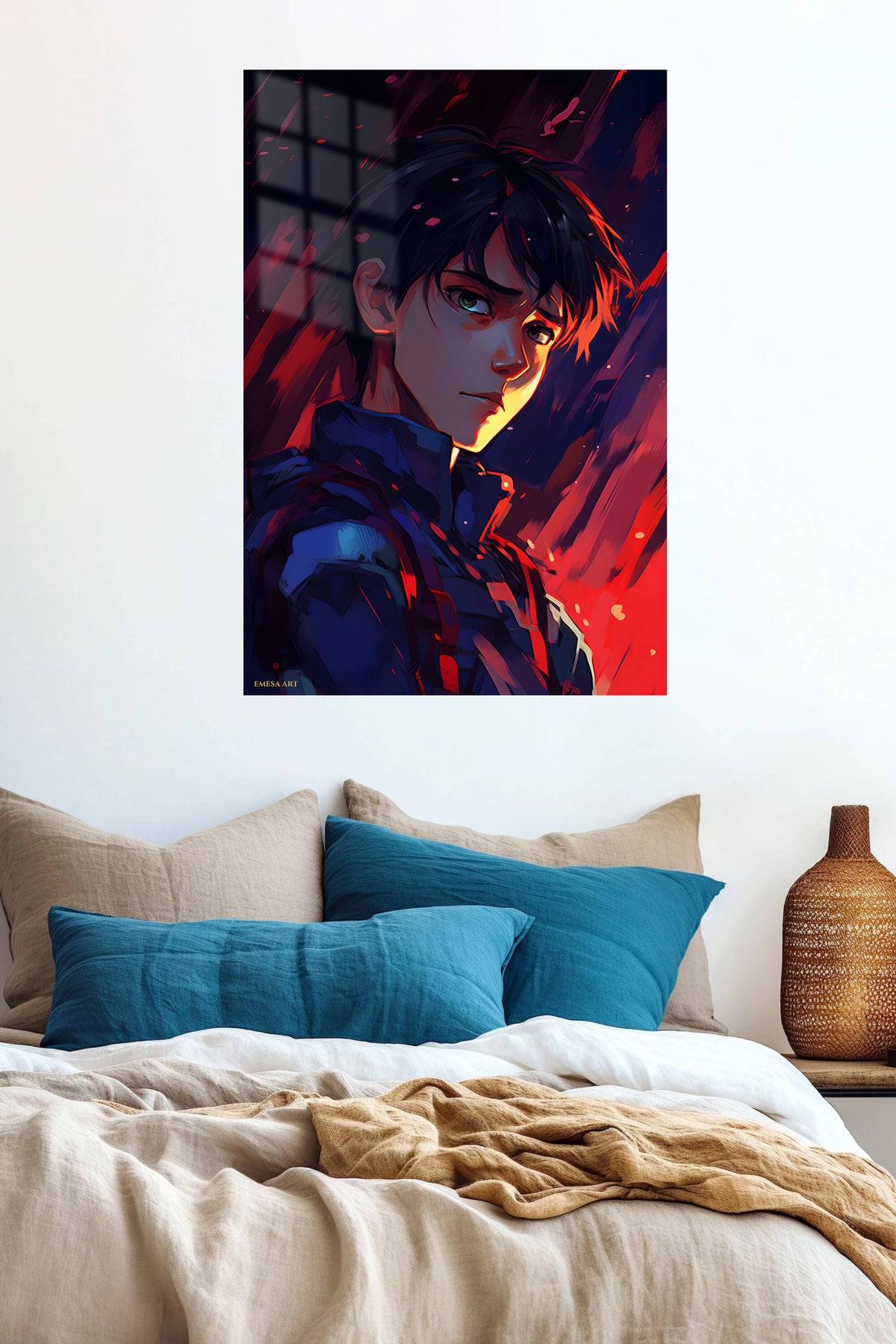 Scarlet Shadow Warrior metal wall art displayed in a contemporary living space