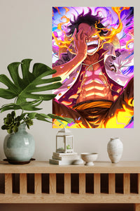 Flame Laughing Hero metal wall art displayed in a modern interior