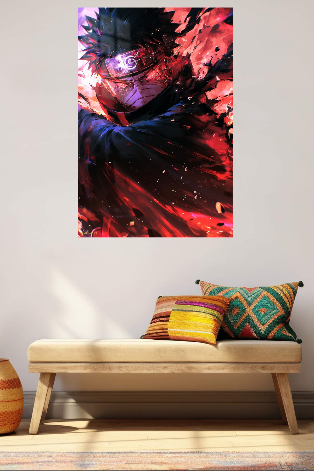 Crimson Masked Ninja metal wall art displayed in a contemporary living space