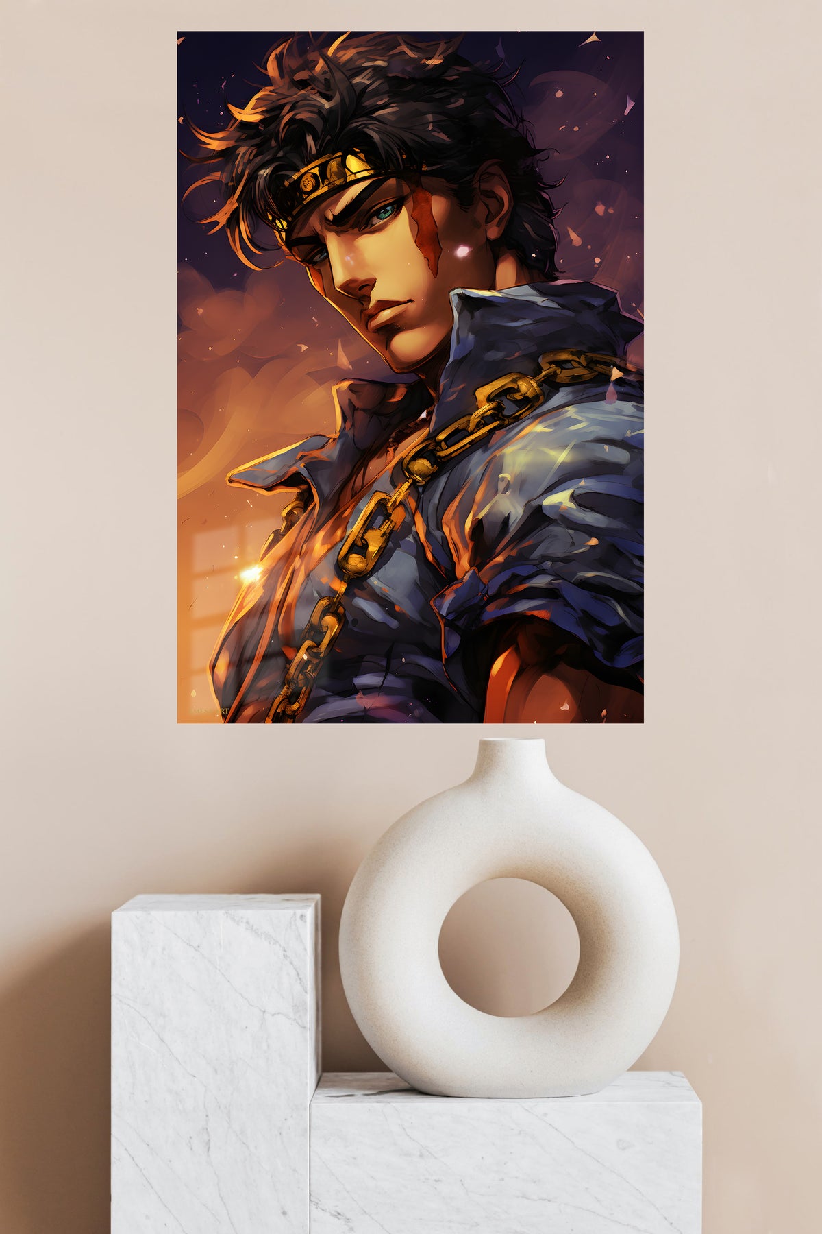 Golden Chain Warrior metal wall art displayed in a modern interior