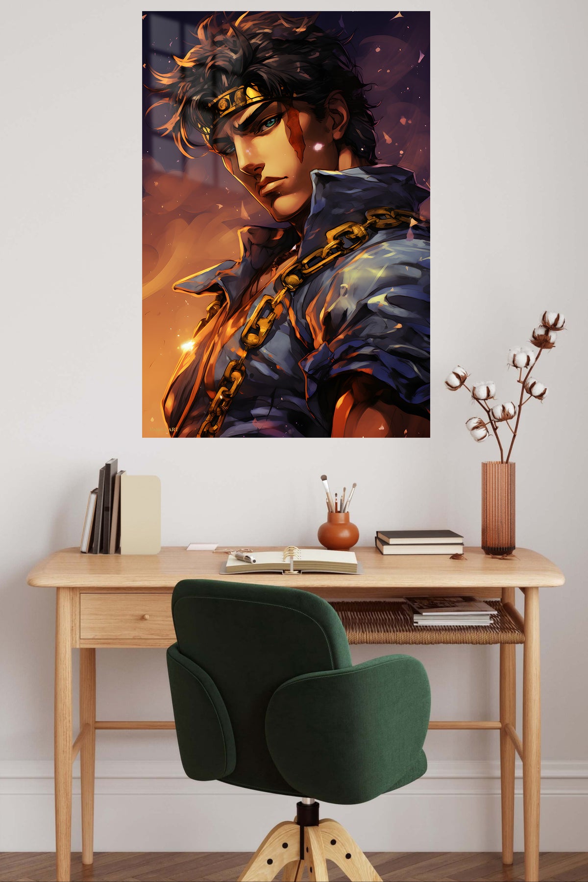 Golden Chain Warrior metal wall art displayed in a contemporary living space