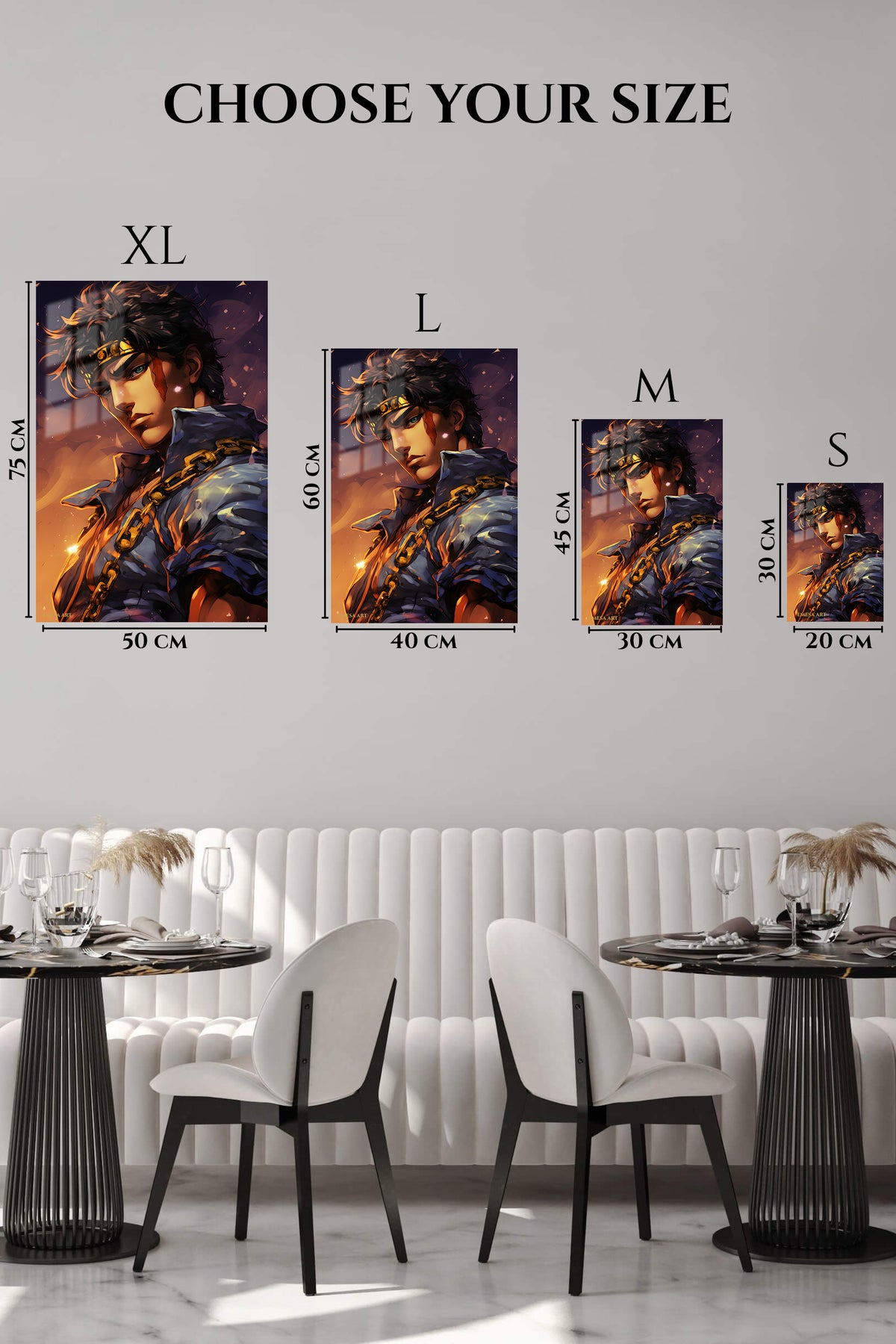 EMESA metal wall art size comparison guide for Golden Chain Warrior