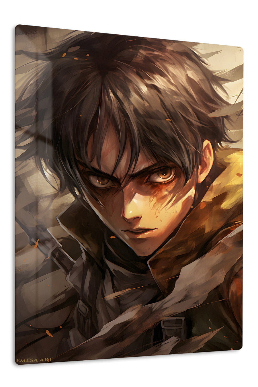 Amber-Eyed Battle Hero premium metal wall art – front view