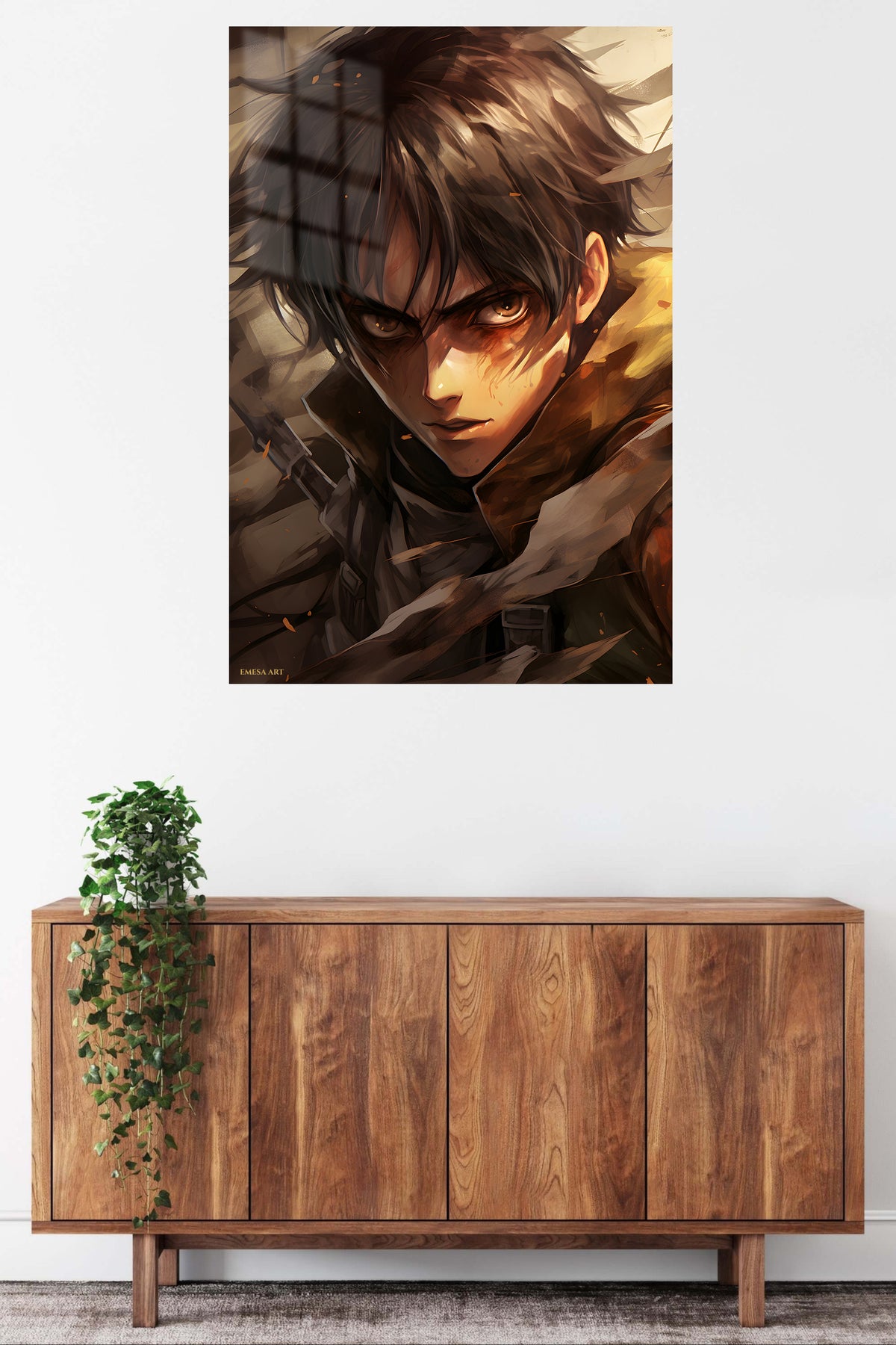 Amber-Eyed Battle Hero metal wall art displayed in a contemporary living space