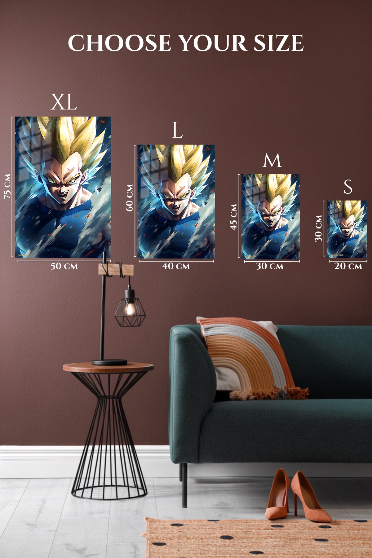 EMESA metal wall art size comparison guide for Golden Aura Warrior