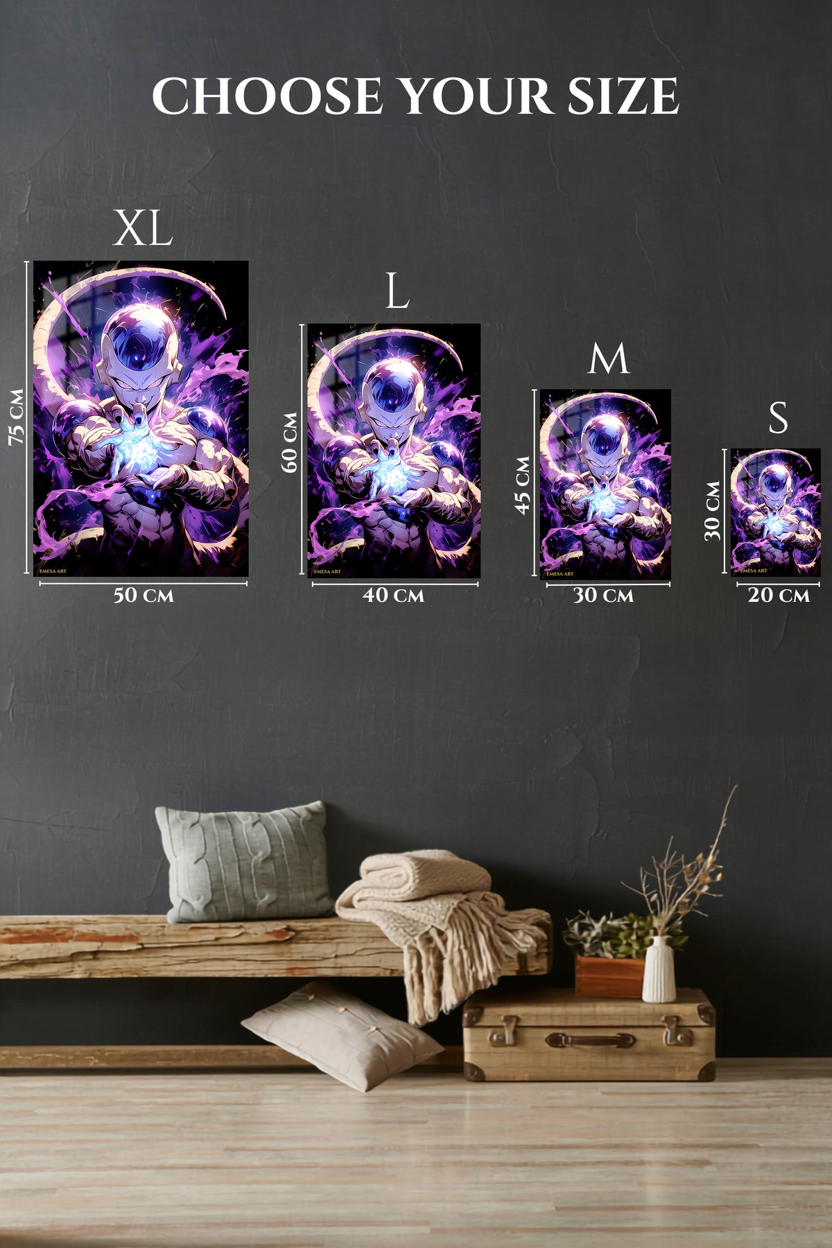 EMESA metal wall art size comparison guide for Cosmic Energy Fighter