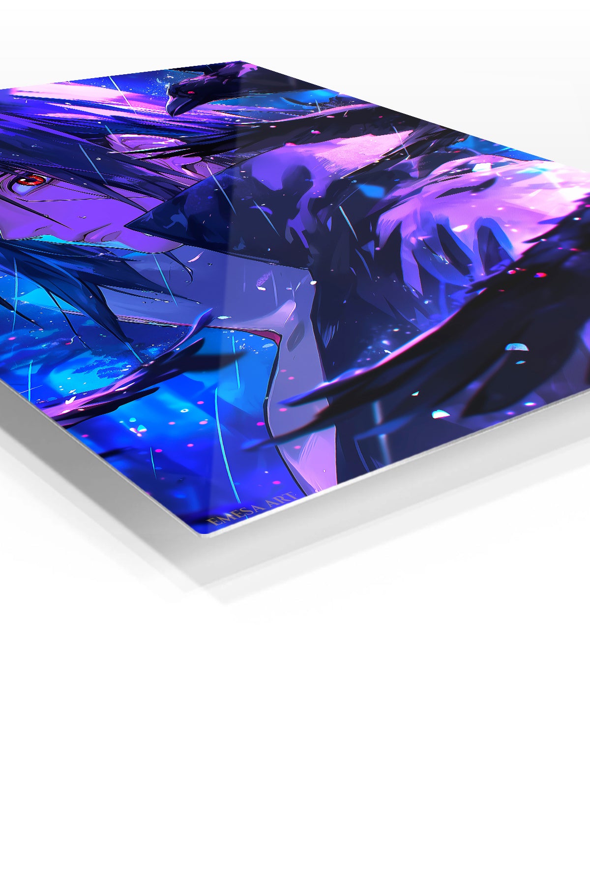 Neon Raven-Eyed Warrior premium metal wall art Ã¢â‚¬â€œ angled view