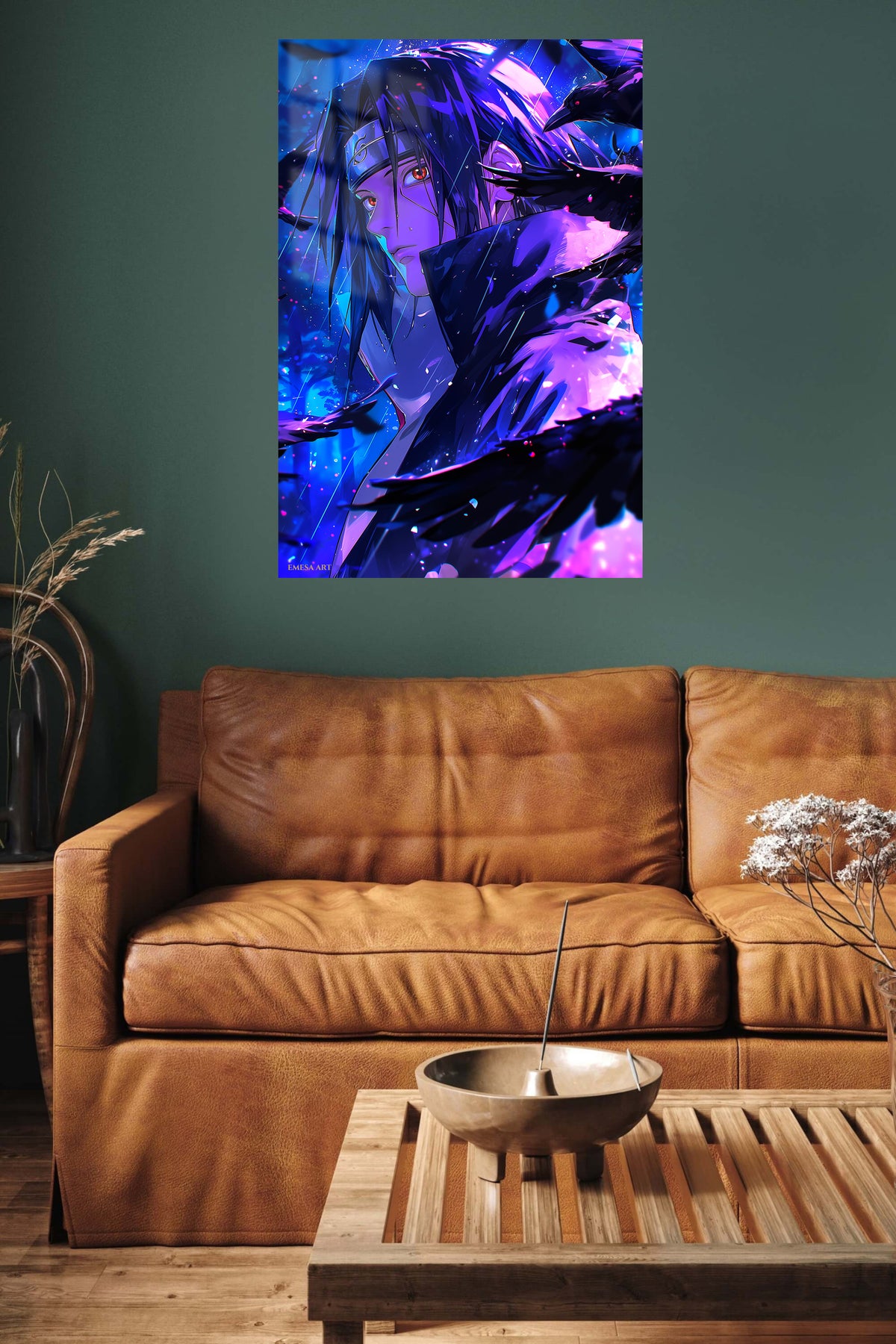 Neon Raven-Eyed Warrior metal wall art displayed in a contemporary living space