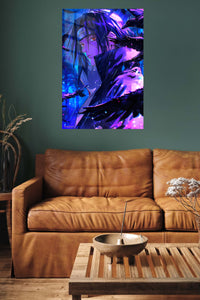 Neon Raven-Eyed Warrior metal wall art displayed in a contemporary living space