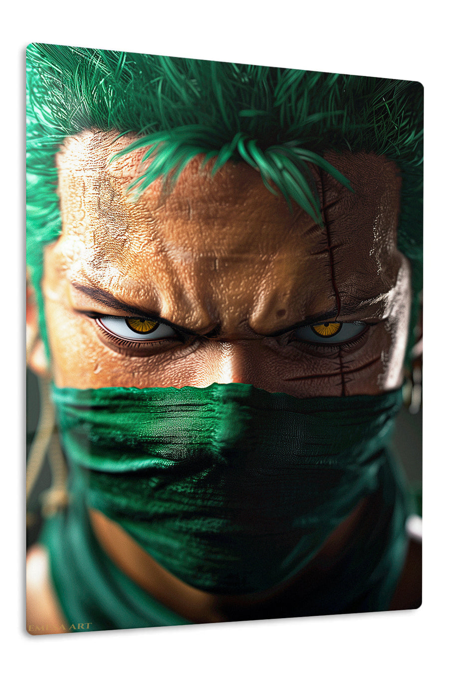 Emerald Masked Swordsman Portrait premium metal wall art Ã¢â‚¬â€œ front view