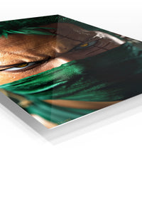 Emerald Masked Swordsman Portrait premium metal wall art Ã¢â‚¬â€œ angled view