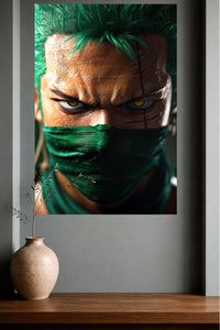 Emerald Masked Swordsman Portrait metal wall art displayed in a modern interior