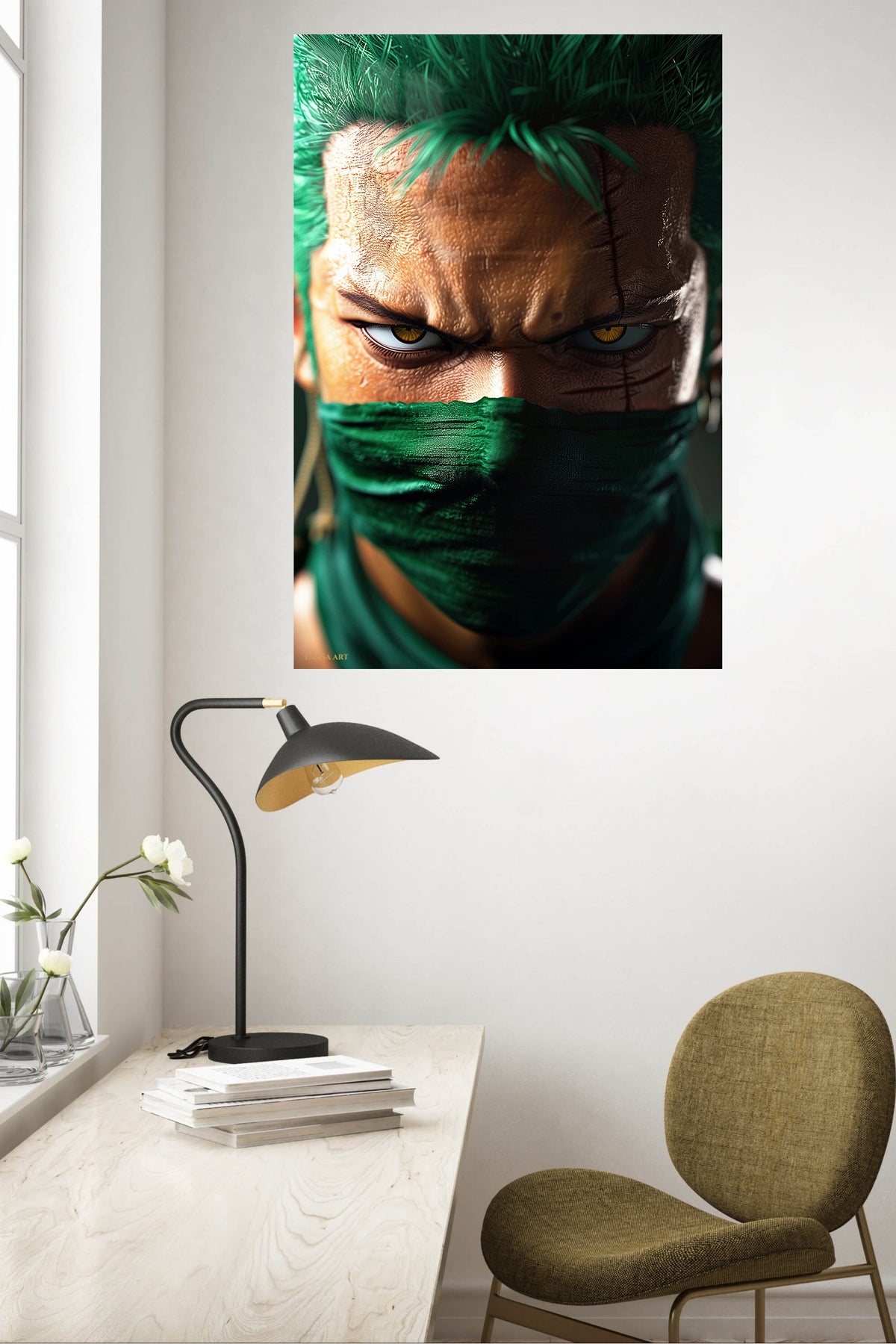 Emerald Masked Swordsman Portrait metal wall art displayed in a contemporary living space