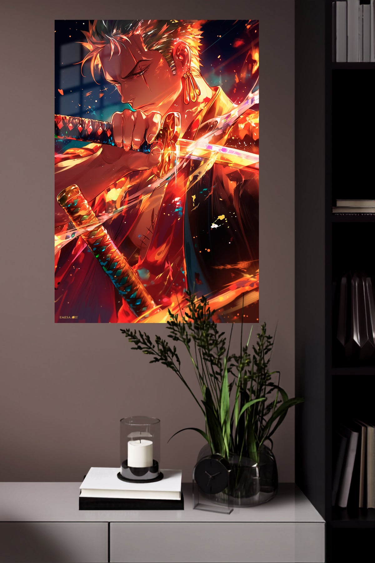 Ember Blade Warrior metal wall art displayed in a modern interior