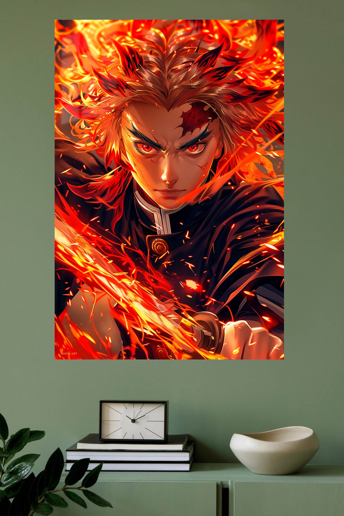 Blazing Sword Warrior metal wall art displayed in a modern interior