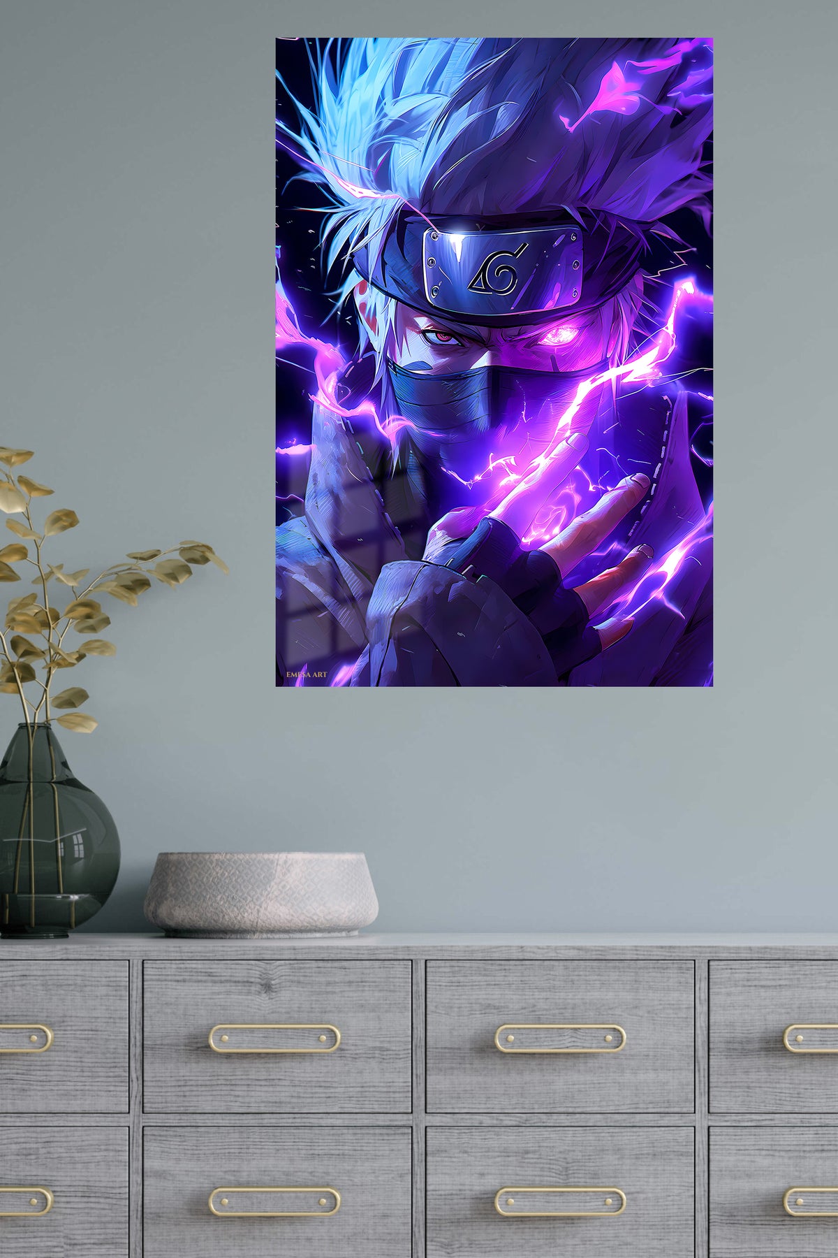 Neon Masked Ninja Energy metal wall art displayed in a modern interior