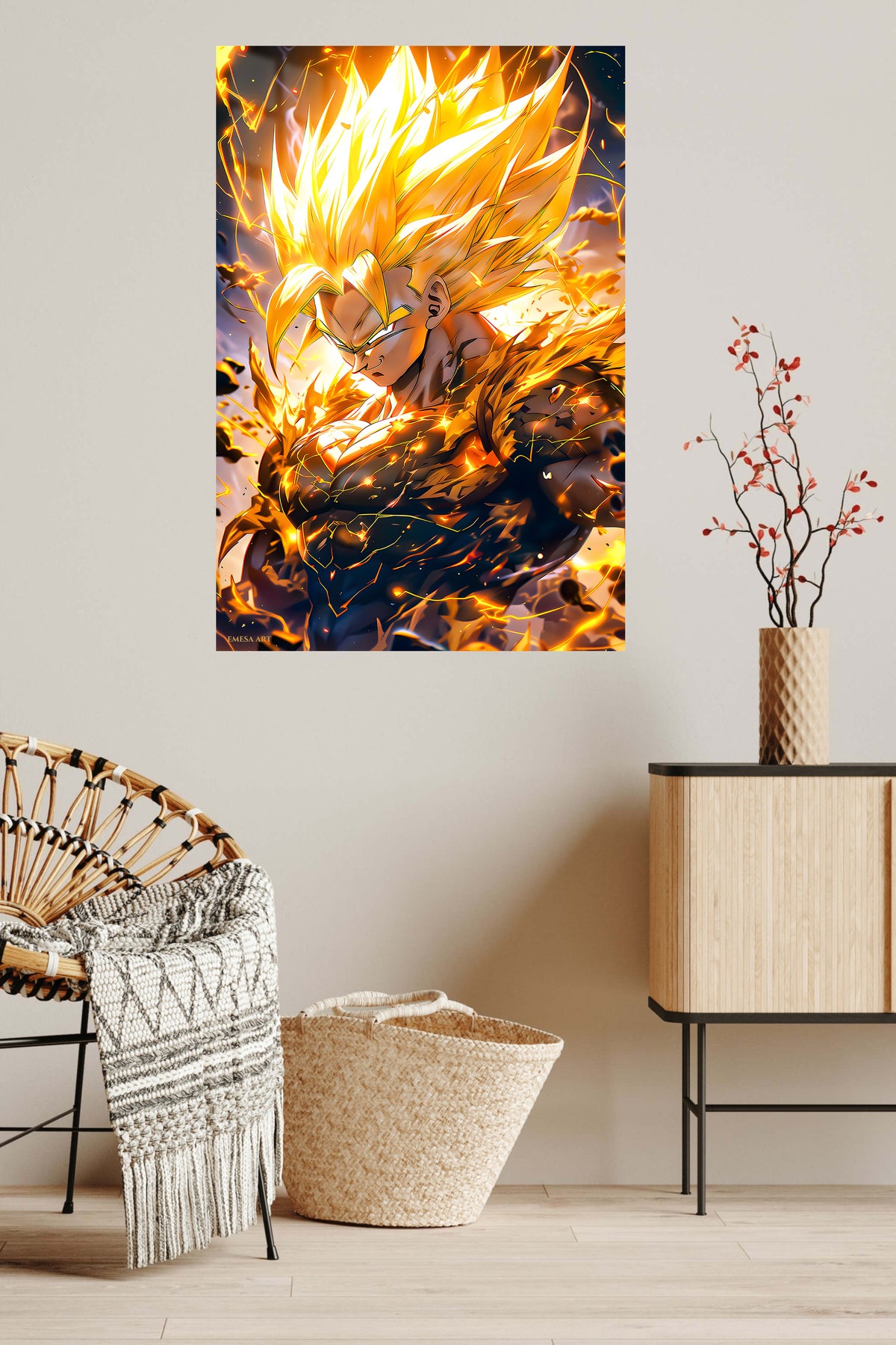 Golden Energy Warrior metal wall art displayed in a contemporary living space