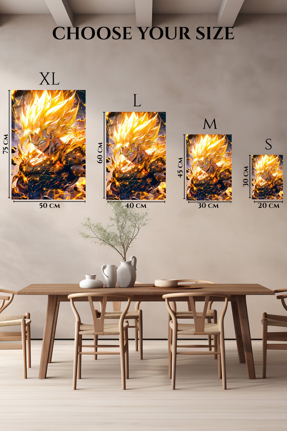 EMESA metal wall art size comparison guide for Golden Energy Warrior