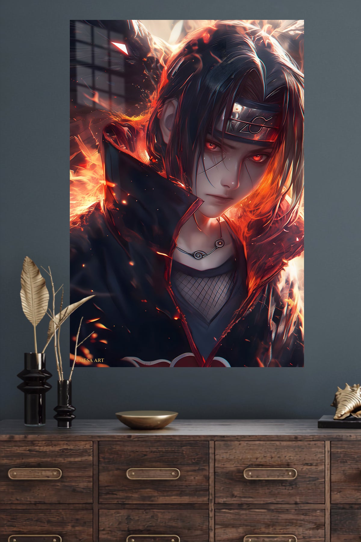 Ember-Eyed Shadow Warrior metal wall art displayed in a modern interior