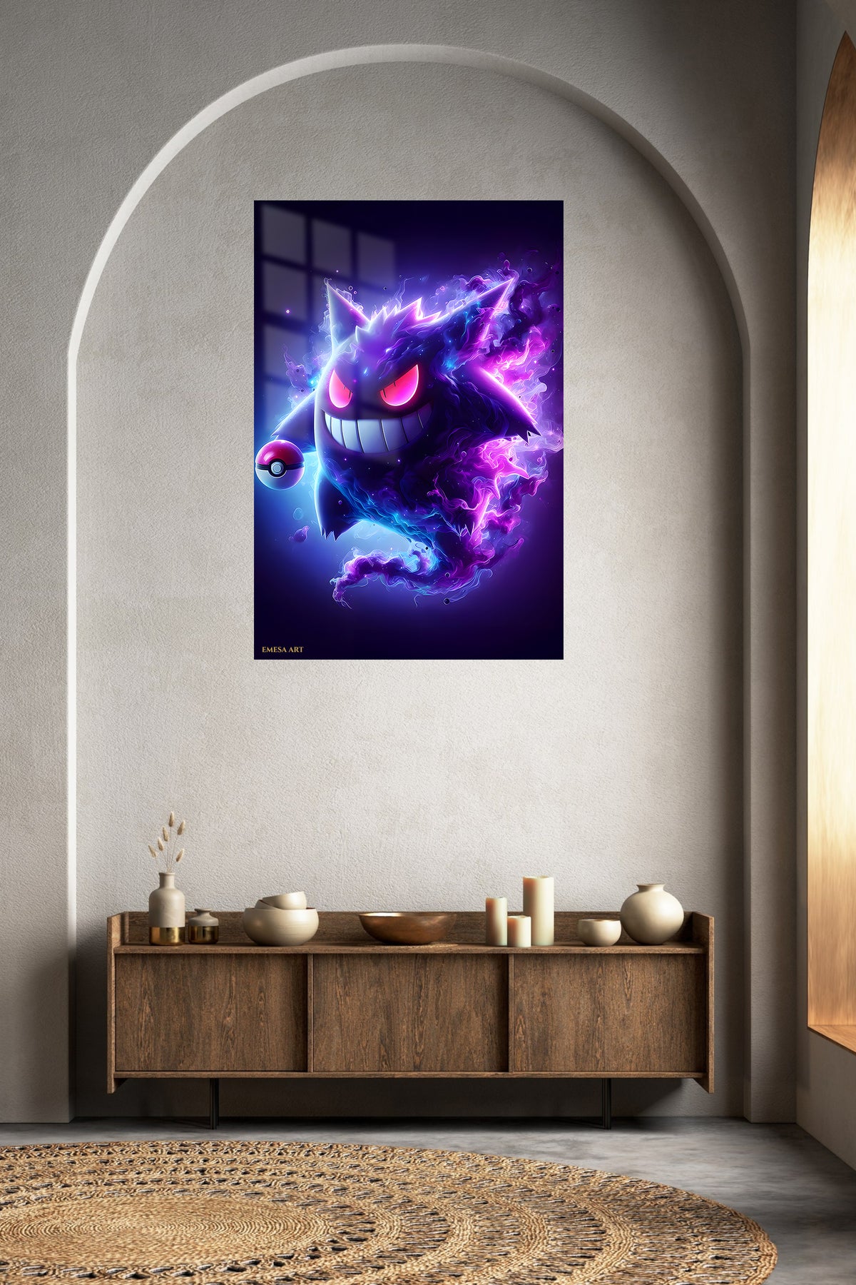 Neon Phantom Grin metal wall art displayed in a contemporary living space
