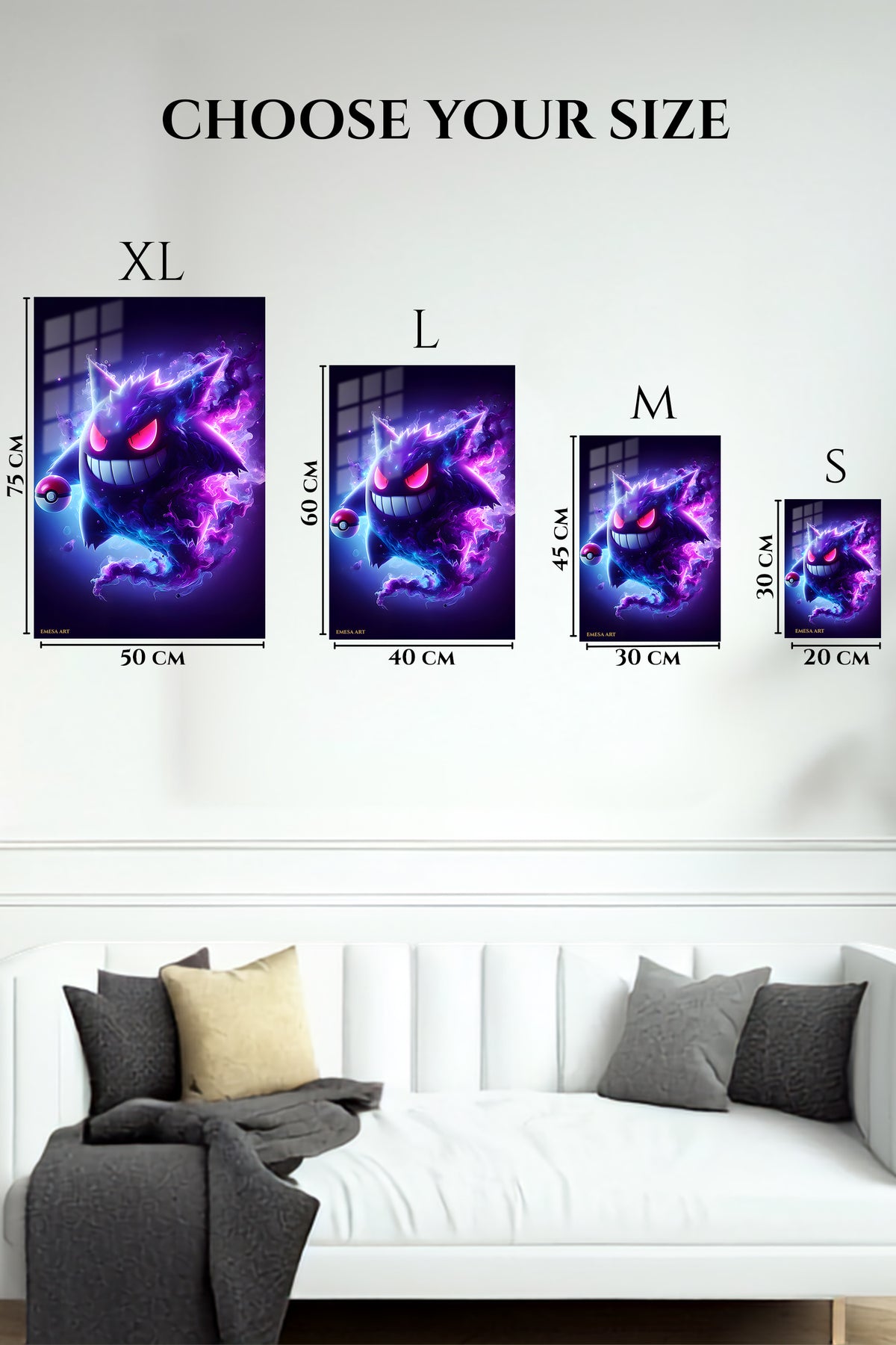 EMESA metal wall art size comparison guide for Neon Phantom Grin