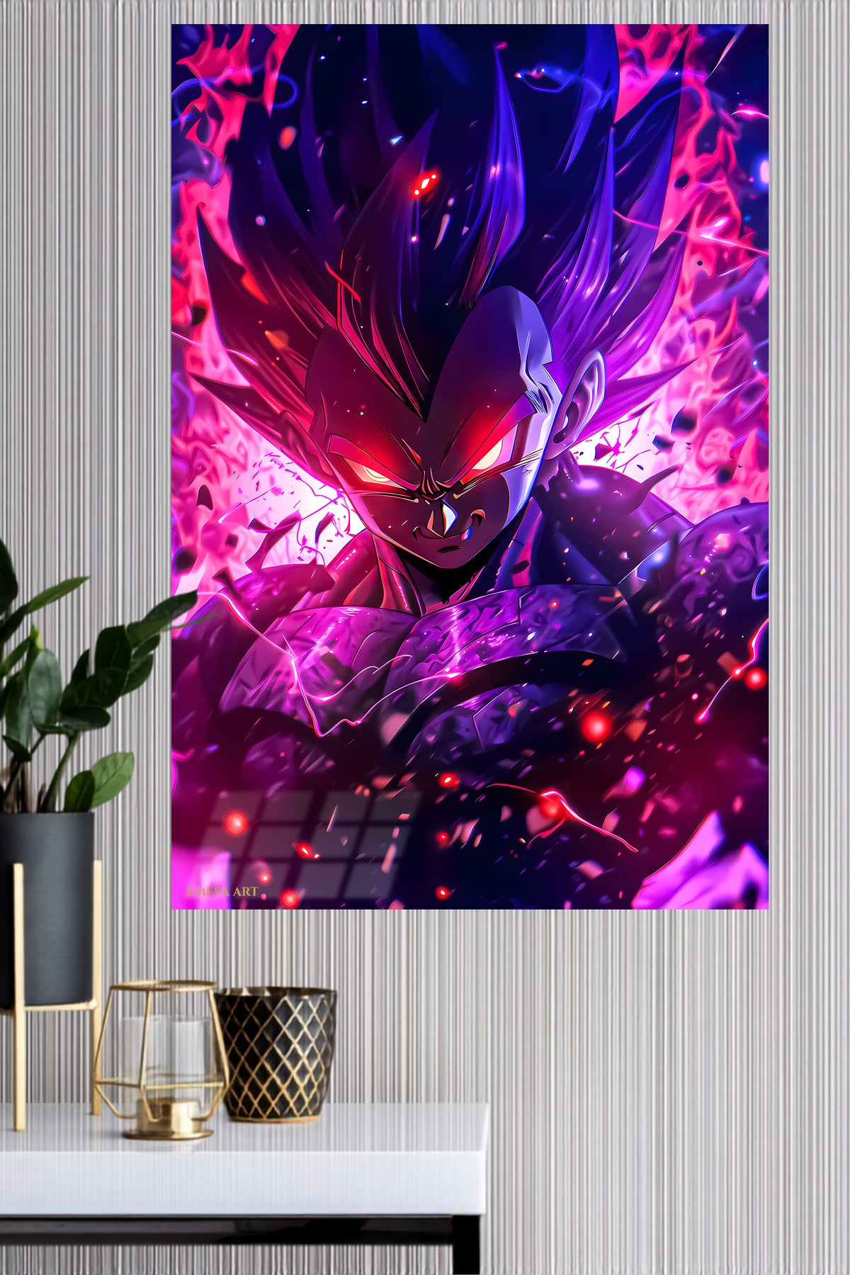 Neon Shadow Warrior metal wall art displayed in a modern interior