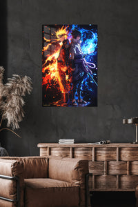 Fire and Shadow Rival Warriors metal wall art displayed in a modern interior