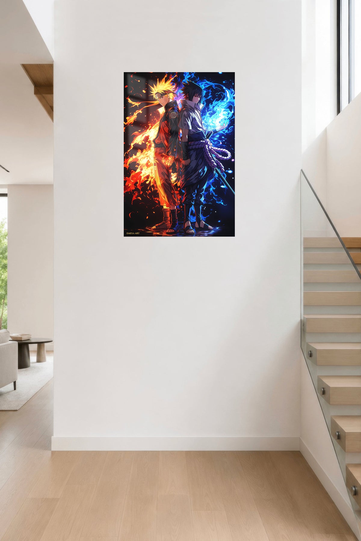 Fire and Shadow Rival Warriors metal wall art displayed in a contemporary living space