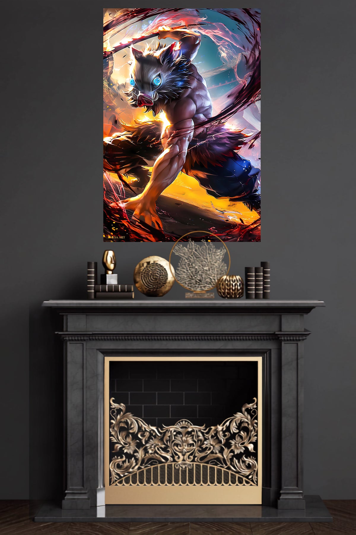 Wild Boar Mask Warrior metal wall art displayed in a modern interior