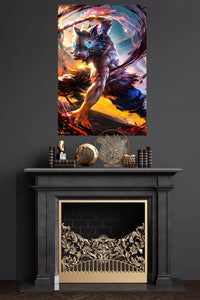 Wild Boar Mask Warrior metal wall art displayed in a modern interior