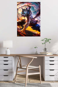 Wild Boar Mask Warrior metal wall art displayed in a contemporary living space