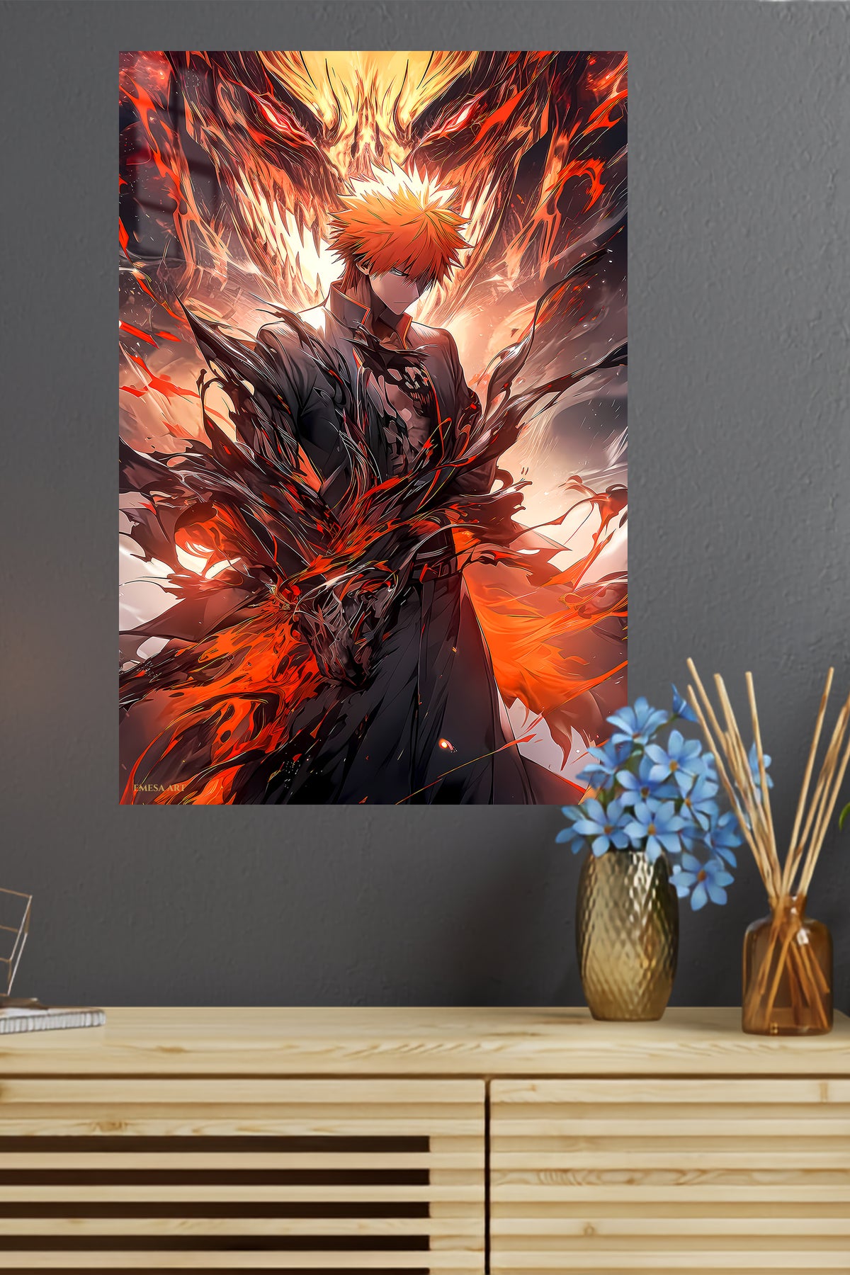 Blazing Shadow Warrior metal wall art displayed in a modern interior