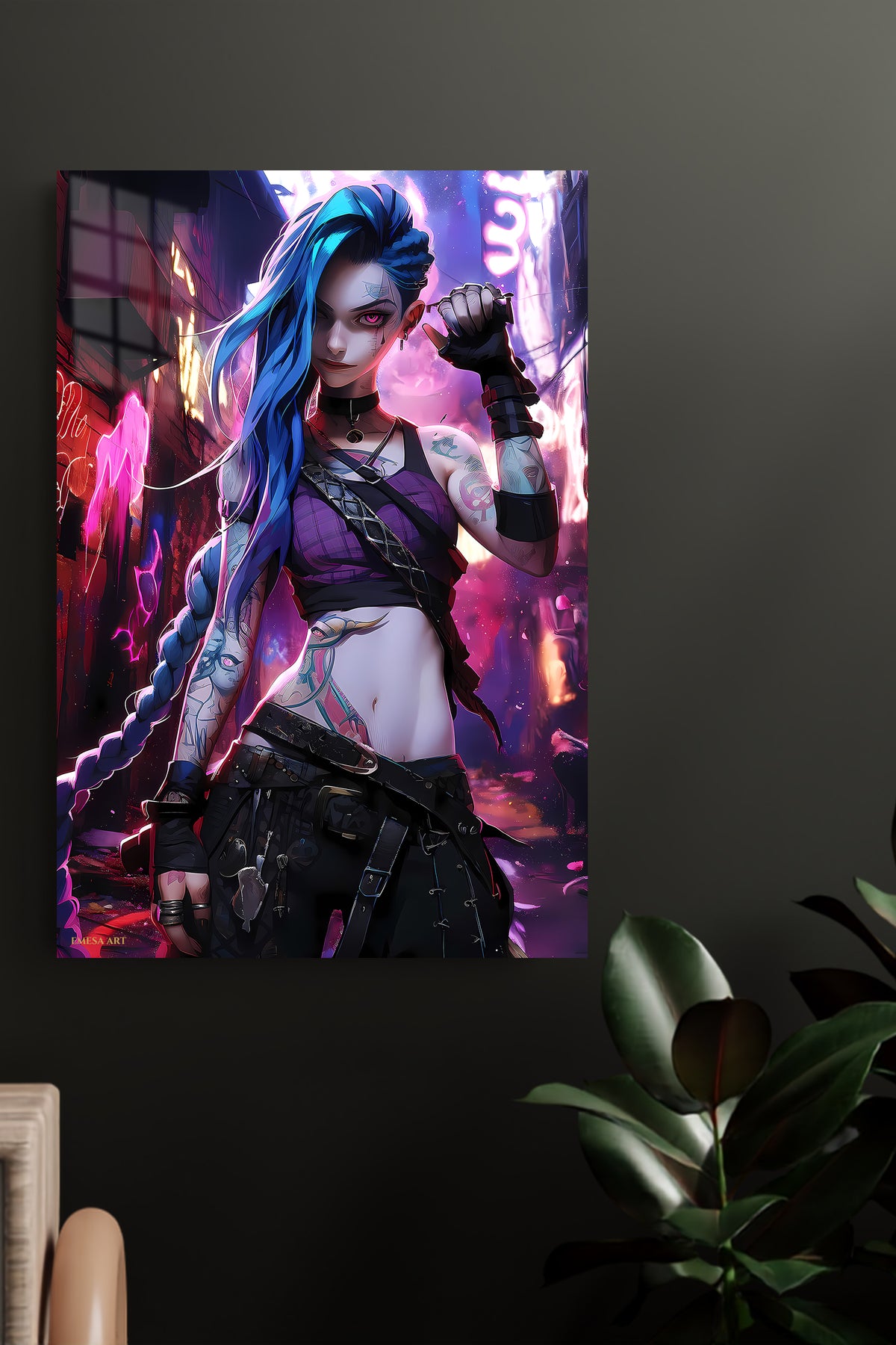 Neon Blue Braid Rebel metal wall art displayed in a modern interior